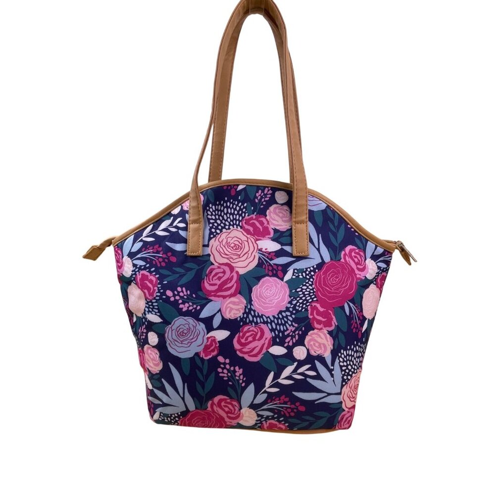 Fit + Fresh Women’s Navy Blue Floral Insulated Lunch Tote With Dual Tan Handles - Picture 3 of 11